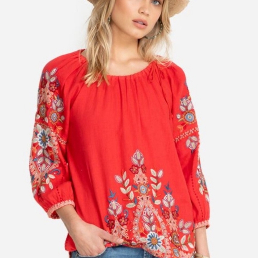 Johnny Was Maisie Peasant Tie Blouse Red  Embroidered Linen Top